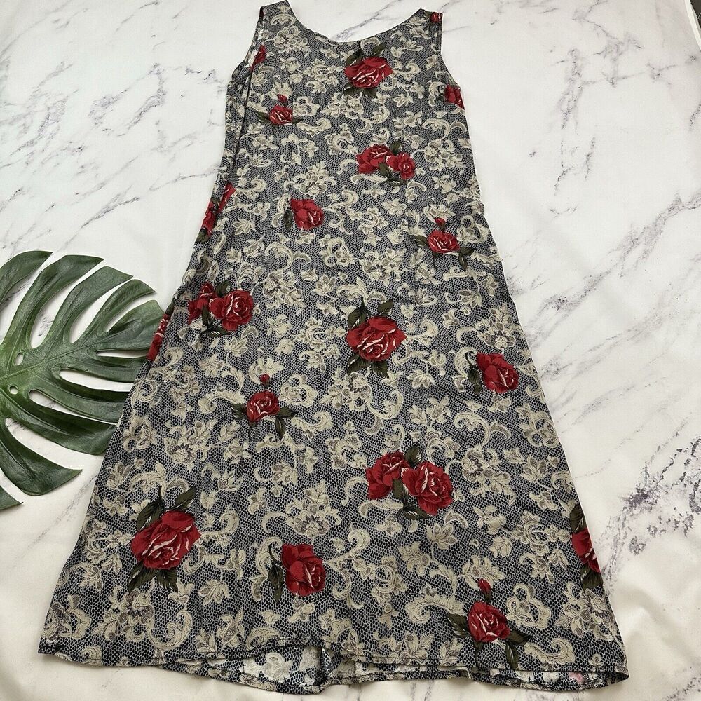 Expressions Womens Vintage 90s Maxi Dress Size 14 Black Lace Floral Print Slip
